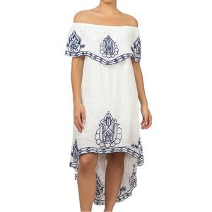 White & blue Alya White Off-Shoulder Maxi Dress with Blue Embroidery Size Small